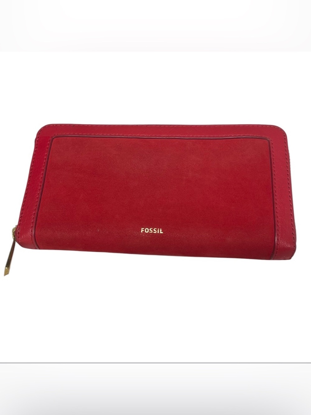 Fossil Logan Red Leather and Suede Zip-Around Clutch Wallet